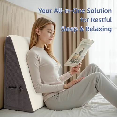 Vista 9 de Almohada de cuña para cabecero, almohada de cuña elevada triangular de 7.5 pulgadas para aliviar el reflujo ácido, dormir, poscirugía, alivio