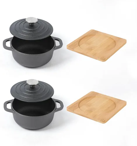 Vista 4 de HAWOK Mini horno holandés de hierro fundido, diámetro 5.51 pulgadas, 23 onzas, con bandeja de bambú, juego de 2, pre-sazonado