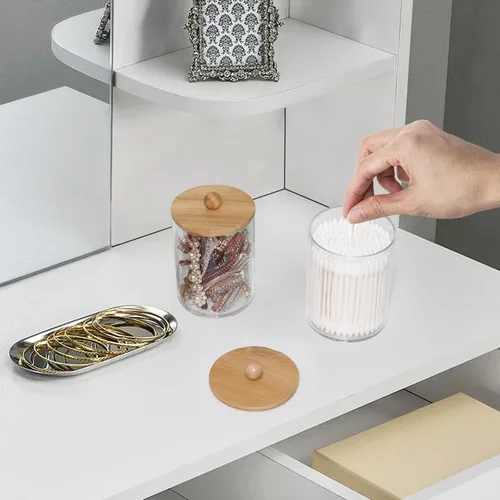 Vista 5 de Tbestmax Tarros de baño con soporte Qtip de 10 onzas para hisopos de bolas de algodón, dispensador de almacenamiento, tapa de bambú (paquete de 2)