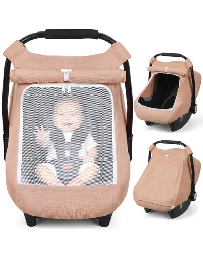 Vista 15 de Rquite Funda de asiento de automóvil para bebé, niña, niño, 100% muselina de algodón, toldo transpirable a prueba de viento con ventana de malla