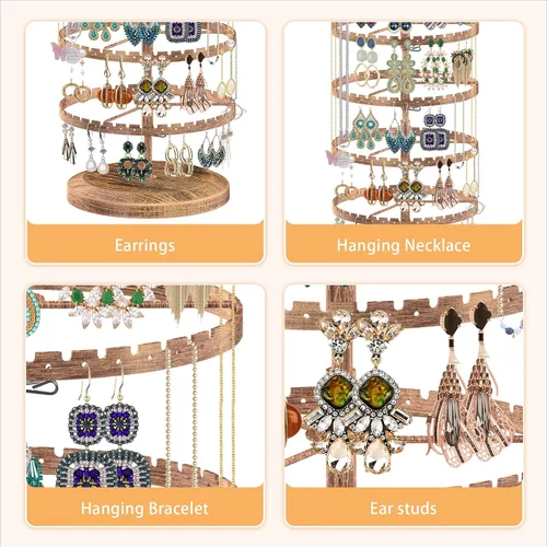 Vista 4 de LASZOLA Organizador de aretes de metal de 5 niveles, soporte giratorio estable de joyería para mujeres y niñas, 400 agujeros y ranuras, estante