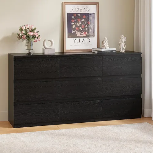 Vista 19 de Cómoda de madera negra para dormitorio, 5 cajones para almacenamiento de ropa, cómoda moderna con cajones anchos, cómoda de madera amplia para sala
