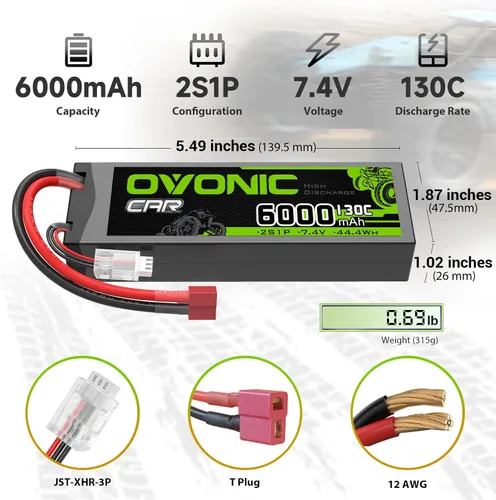 Vista 2 de OVONIC 2S LiPo Batería 6000mAh 7.4V 130C RC Batería con Dean-Estilo T Conector