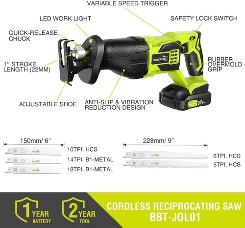 Vista 3 de SnapFresh Sierra Recíproca Inalámbrica de 20V – 3000 SPM, Gatillo de Velocidad Variable, Cambio de Hoja sin Herramientas, Luz LED, Ligera y Compacta