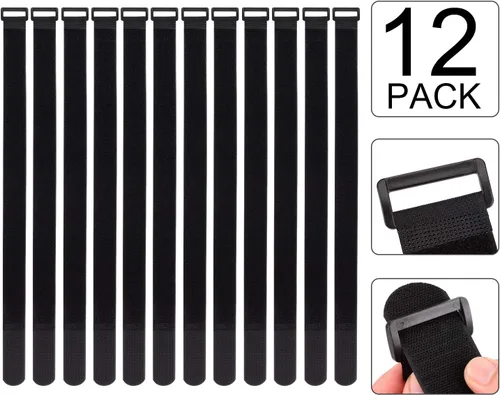 Vista 8 de Brida de cables de 1.5 x 24 pulgadas, paquete de 12 correas adhesivas de sujeción ajustable resistente con hebilla de anillo en D de plástico