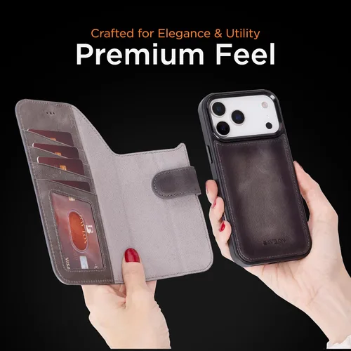 Vista 36 de Bayelon Funda tipo cartera para iPhone 15 Pro, cartera de cuero de grano completo, funda magnética desmontable, tarjetero, funda tipo cartera