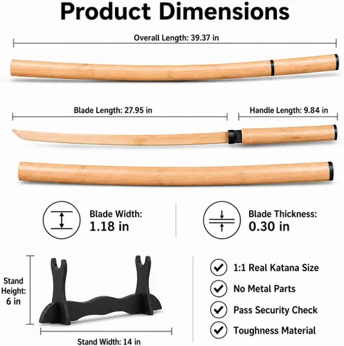 Vista 5 de Espada de madera de bambú para práctica, espada de 40 pulgadas, para entrenamiento de artes marciales, utilería de anime, Bokken ligero para adultos