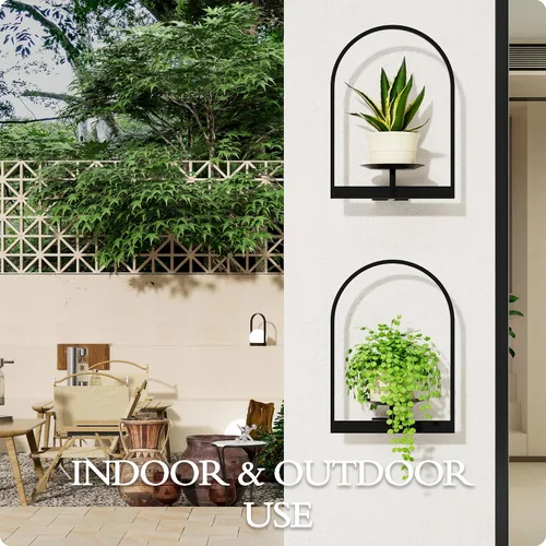 Vista 3 de Soporte para plantas de pared de metal negro, paquete de 2 soportes para plantas montados en la pared y soportes colgantes para macetas