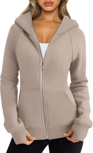 Vista 10 de Trendy Queen Sudaderas con capucha y cremallera para mujer, chaquetas de vellón, talla extragrande, moda de otoño e invierno Albaricoque