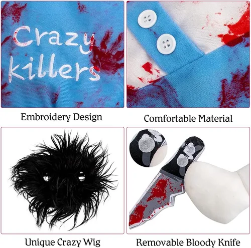 Vista 4 de Ropa de perro asesino, disfraz de perro, disfraces de Halloween para perros, disfraz ajustable de cosplay para perros, divertida peluca de muñeca