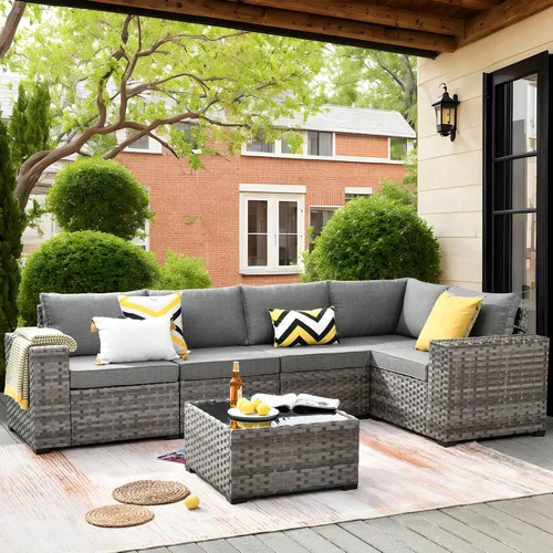 Vista 37 de ovios Juego de muebles de patio de 6 piezas, sofá seccional de mimbre para exteriores con mesa auxiliar, cómodos cojines, moderno sofá modular Beige