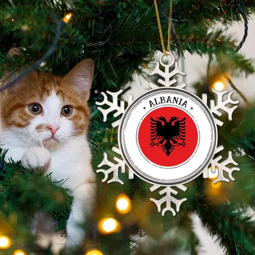 Vista 3 de Bandera de Albania, adorno de Navidad para niños, bandera nacional, silueta de Albania, decoración de árbol de Navidad, adornos de Navidad de metal