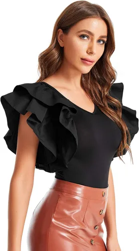 Vista 5 de Romwe - Body elástico para mujer, cuello en V, manga de malla con holanes.
