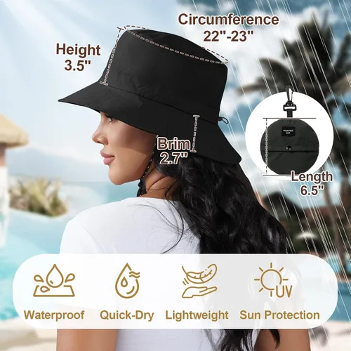 Vista 5 de Packable Bucket Hat for Women Waterproof UV Protection Sun Hat Negro