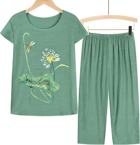 Vista 2 de Women Two Piece Suit Floral Print Short Sleeve Shirt Tops Wide Leg Long Pants Round Neck Loose Trousers Basic 2PCS Set