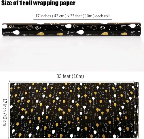 Vista 5 de Rollo de papel de regalo de cumpleaños, papel de regalo negro mate y dorado para mujeres, hombres, niños y niñas, diseño de globo de lámina dorada