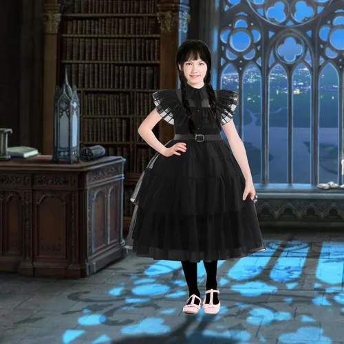 Vista 3 de Ainvliya Wednesday Addams - Disfraz de Addams para niños y niñas, vestido de cosplay negro con accesorios, disfraz de fiesta de Halloween