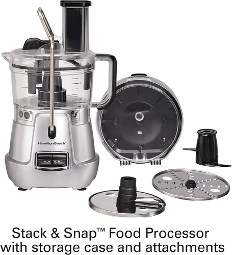 Vista 5 de Hamilton Beach Stack & Snap - Procesador de alimentos y picador de verduras de 8 tazas con cuchilla ajustable, raspador de tazón integrado y estuche