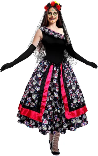 Vista 5 de Xaatren 5 Halloween Día de los Muertos Español Disfraz Conjunto Falda Esqueleto Guantes Medias Tatuajes Cara Floral Corona Velo