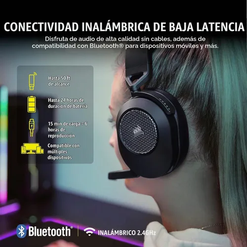 Vista 2 de [Usado] Corsair HS65 - Auriculares inalámbricos multiplataforma para juegos con Bluetooth - Audio Dolby 7.1 - Micrófono omnidireccional - Compatible