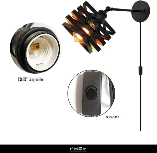 Vista 6 de Lámparas de pared industriales enchufables, accesorios de pared de metal con interruptor de encendido y apagado, lámpara de pared de granja