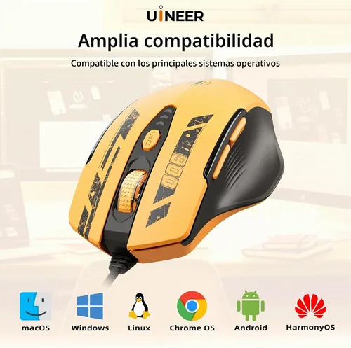 Vista 8 de Uineer Ratón para juegos con cable, ratón USB-A con 6 botones programables 2-Amarillo