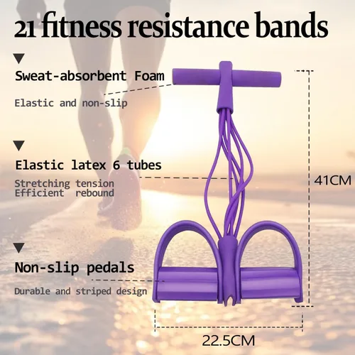 Vista 4 de 21 bandas de resistencia de fitness, 6 tubos de pedal para tirador de tobillo, cuerda de tensión multifunción, bandas de fitness de látex natural