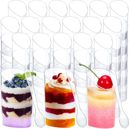 Vista 10 de Paquete de 100 mini tazas de postre con cucharas, pequeñas de plástico transparente de 3 onzas, inclinadas y redondas, vasos desechables tipo