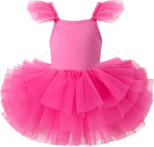 Vista 9 de Tutu.kk Vestidos tutú de baile para niñas, con mangas con volantes Rosa ballet