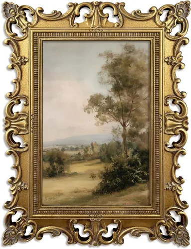 Vista 15 de XIAOAIKA Arte de pared de paisaje de granero blanco acabado a mano, impresión de escena de granja vintage con marco barroco dorado envejecido