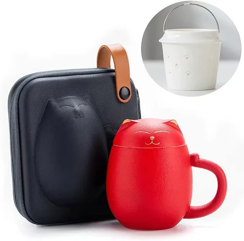 Vista 8 de Taza de té para gatos con infusor y tapa, bonitas tazas de cerámica para gatos para remojar hojas sueltas, tazas de té de 11.8 fl oz con funda