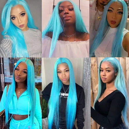 Vista 7 de Pelucas de encaje frontal color azul con encaje frontal, peluca para usar y llevar, sin pegamento, pelucas de cabello largo y lacio, pelucas