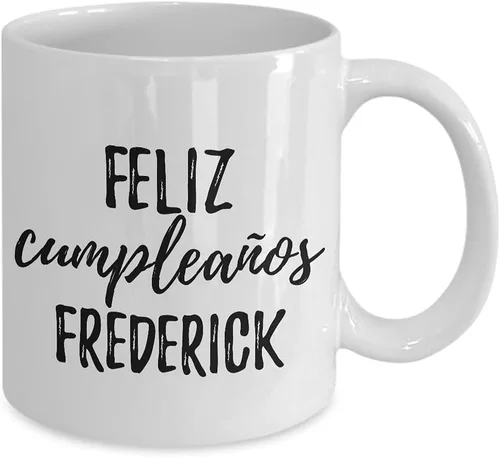 Vista 2 de Feliz Cumpleanos Frederick Mug Spanish Happy Birthday Personalized Name Gift Coffee Tea Cup 11 oz