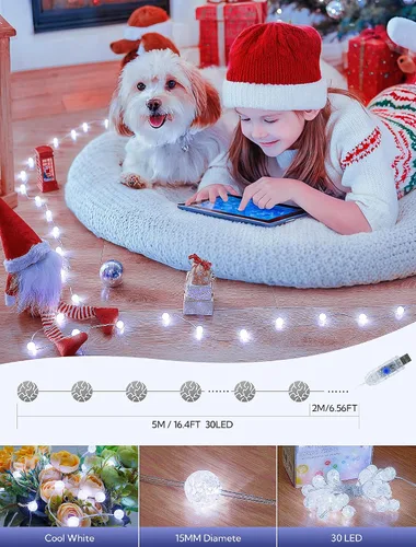 Vista 4 de Cadena de luces de globo mejorada, 10 pies, 30 luces LED USB, luces de hadas, 8 modos, luces de bola con textura agrietada, luces decorativas
