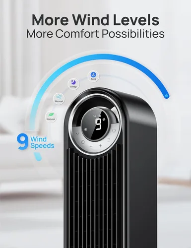 Vista 4 de Dreo - Ventilador de torre para dormitorio, DC actualizado de 9 velocidades 25dB ultrasilencioso, ventilador de piso, ventiladores oscilantes de 90°