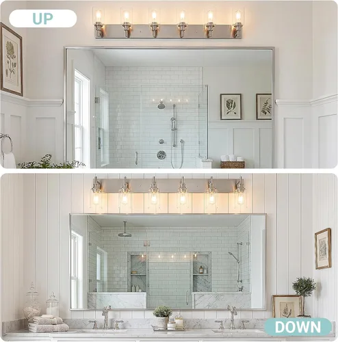 Vista 6 de 6 luces de tocador de baño, níquel cepillado, accesorios de iluminación de baño sobre espejo con vidrio transparente, aplique de pared industrial