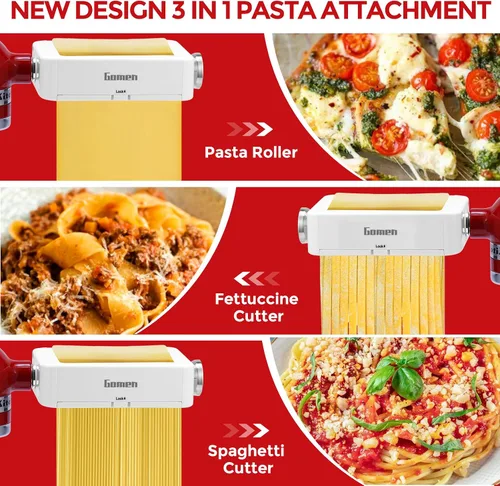 Vista 4 de Accesorio para hacer pasta para mezcladores de pie KitchenAid 3 en 1 de acero inoxidable Rodillo de pasta, cortador de espaguetis/fettuccine