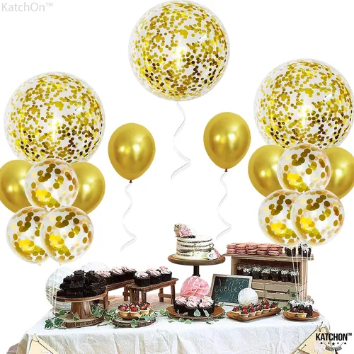 Vista 4 de Katchon, Globos metálicos de confeti dorado – enormes 36 pulgadas, paquete de 21 Globos dorados de látex, decoraciones de Año Nuevo 2026 Globos