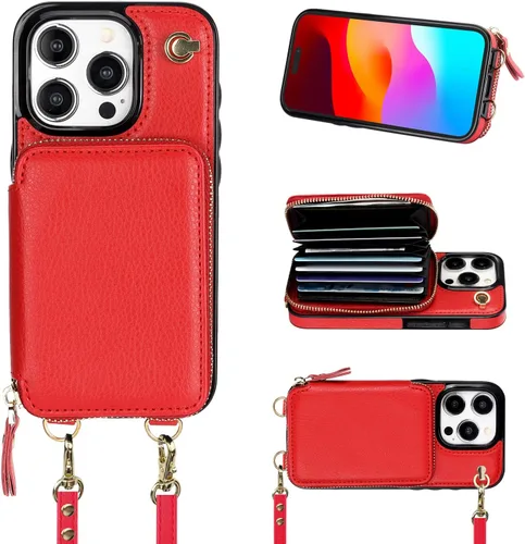 Vista 9 de Bocasal Funda tipo cartera cruzada para iPhone 15 Pro, funda de piel con bloqueo RFID y soporte para tarjetas, funda protectora con cremallera