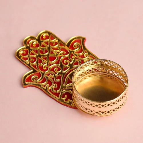 Vista 6 de SATVIK Juego de 2 portavelas de té Hamsa para Diwali tallado a mano para decoración del hogar