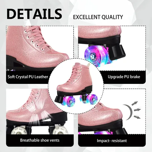 Vista 2 de Perzcare Zapatos de patinaje para mujeres y hombres, clásicos de piel sintética de cristal, patines de doble fila para principiantes, patines