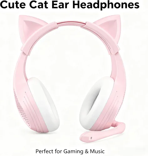 Vista 7 de GIME Pink Gaming Headset - Cute Cat Ears Wired Over Ear Headphones with Mic - Compatible with Xbox/PS4/ PS5/ PC Computer/Laptop/Phone
