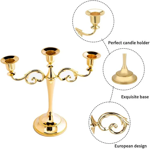 Vista 5 de WEISIPU Elegantes portavelas de metal dorado – Portavelas de 3 brazos de metal para decoración del hogar, fiesta, comedor, boda, regalo