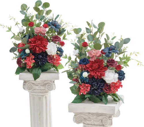 Vista 10 de TINGE TIME Juego de 2 flores artificiales de pie, centro de mesa con almohadilla de goma, flor falsa de seda para centro de mesa de boda, arco