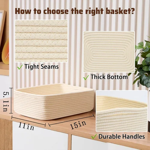 Vista 2 de MiniArk Cestas organizadoras grandes poco profundas de 15 x 11 x 5.1 pulgadas, contenedores de almacenamiento tejidos de cuerda para baño, estantes