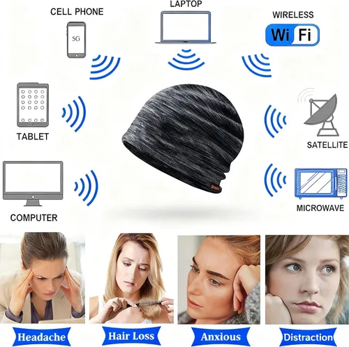 Vista 5 de Amradield Faraday Sombrero de calavera de fibra plateada Elasticidad Gorros de algodón Slouch Cap Blindaje RF Radiación Knit Cap Bloqueo Señal