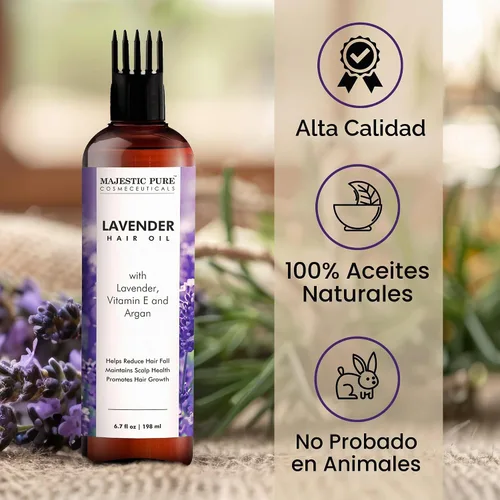 Vista 4 de Majestic Pure Aceite 100% Puro de Lavanda con Vitamina E para Cuidado del Cabello, Fórmula Fortalecedora, Nutritiva y Voluminizadora con Vitamina E