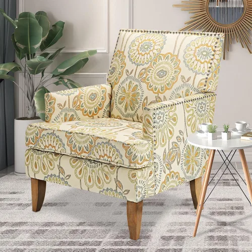 Vista 5 de Sofá con acento floral, silla con respaldo alado, cómoda silla de club, silla individual tapizada con brazos de lectura para sala de estar