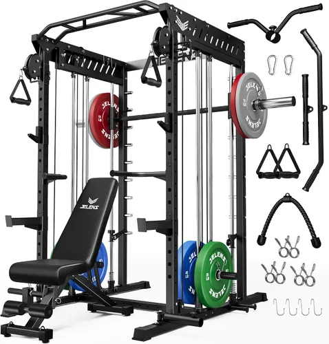 Vista 30 de JELENS M21 - Máquina Smith, jaula de potencia multifunción con sistema de cruce de cable de polea doble, banco de sentadillas todo en uno de 907 kg