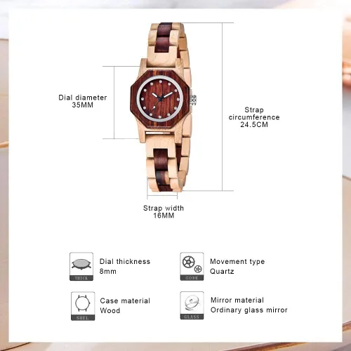 Vista 4 de Reloj de madera para mujer con correa de madera de cuarzo, analógico, colorido, relojes de madera de bambú para mujer, BS-WM01-MADERA